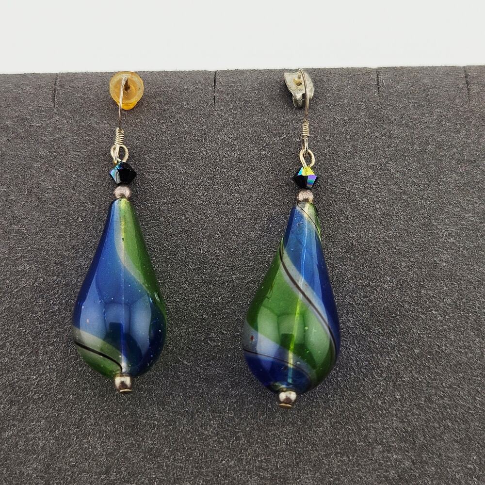 Blue & Green Teardrop Beaded Hook Earrings Dangle Drop Whimsical Artsy Unique